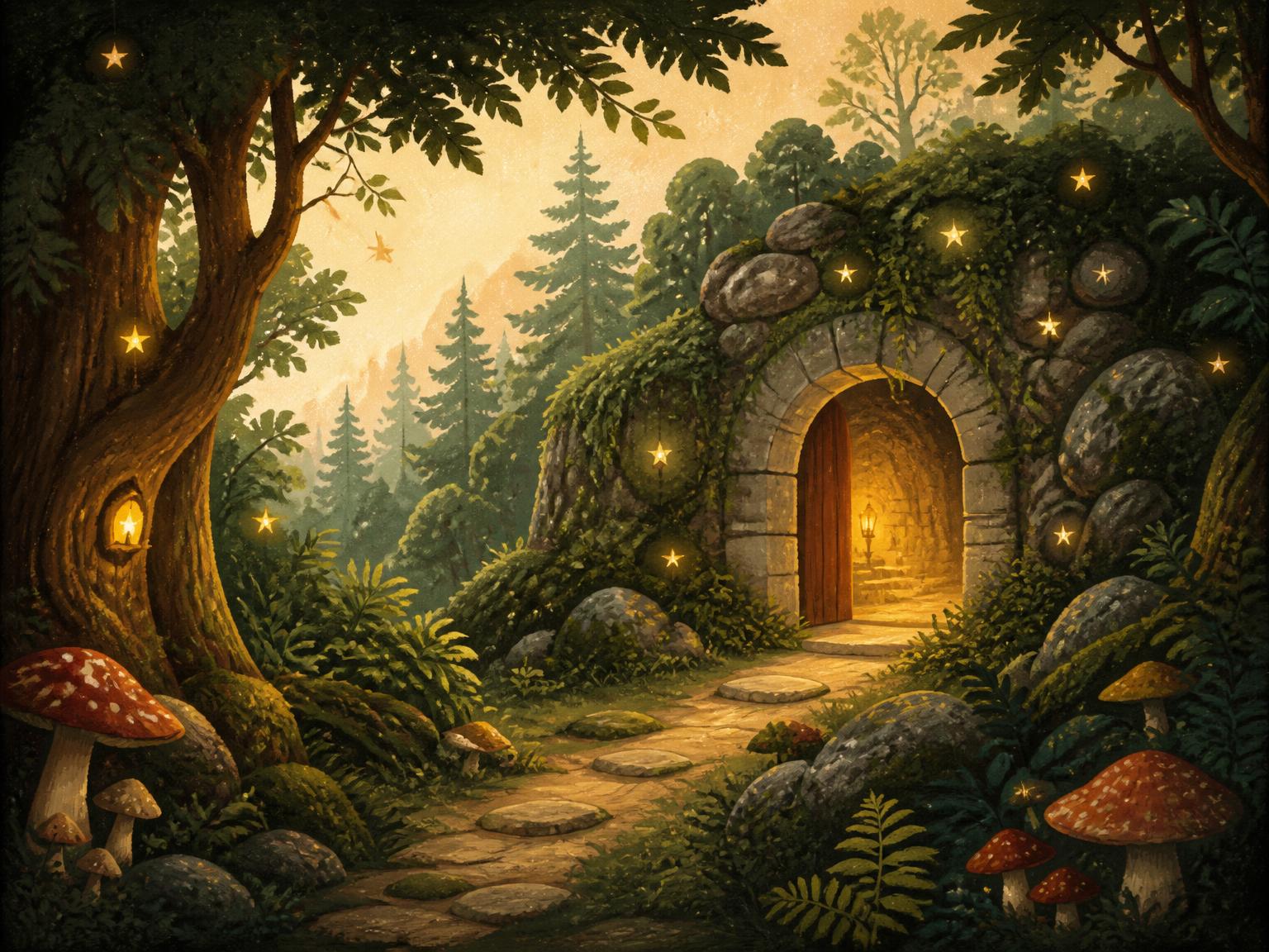 Illustrated forest path leading to a mossy stone dungeon doorway glowing with warm golden light, surrounded by tall trees, ferns and toadstools.